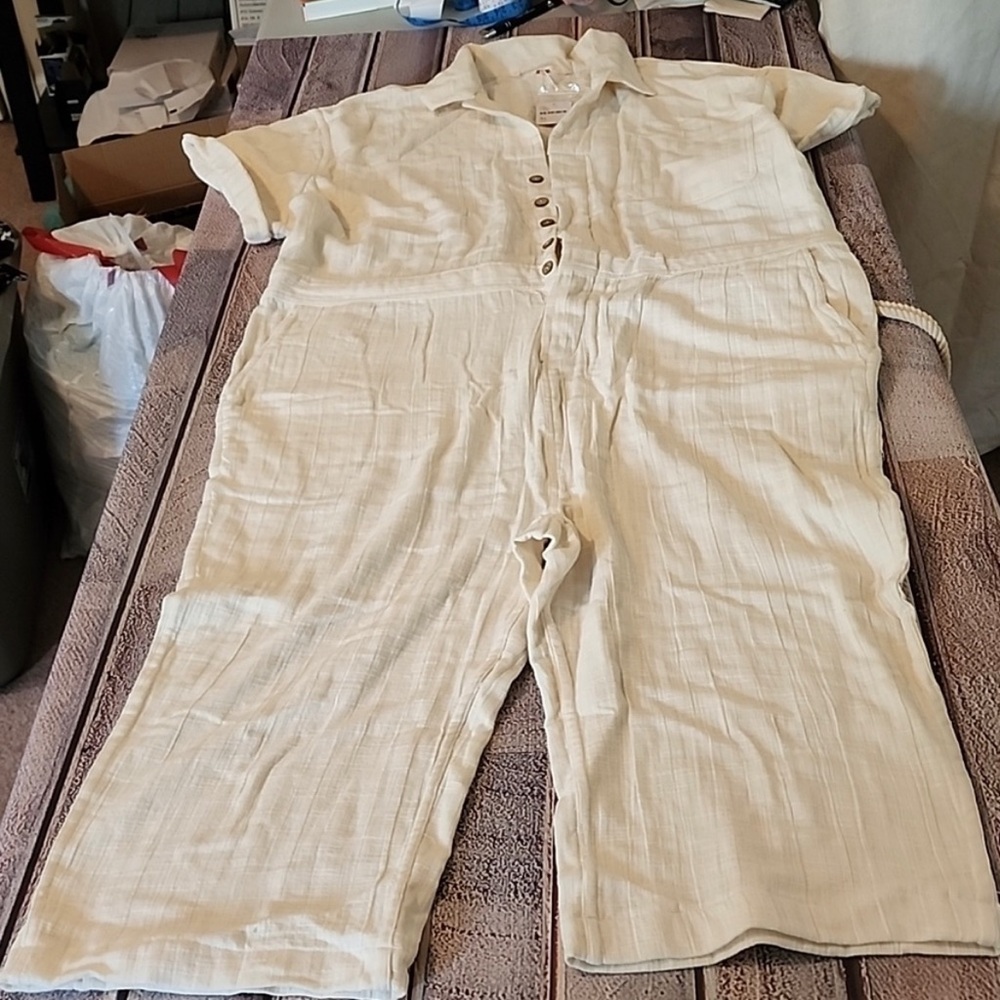 NWT FREE PEOPLE DROP CROTCH PAINTERS OVERALLS WITH BACK TIE WAIST 100%COTTON XL